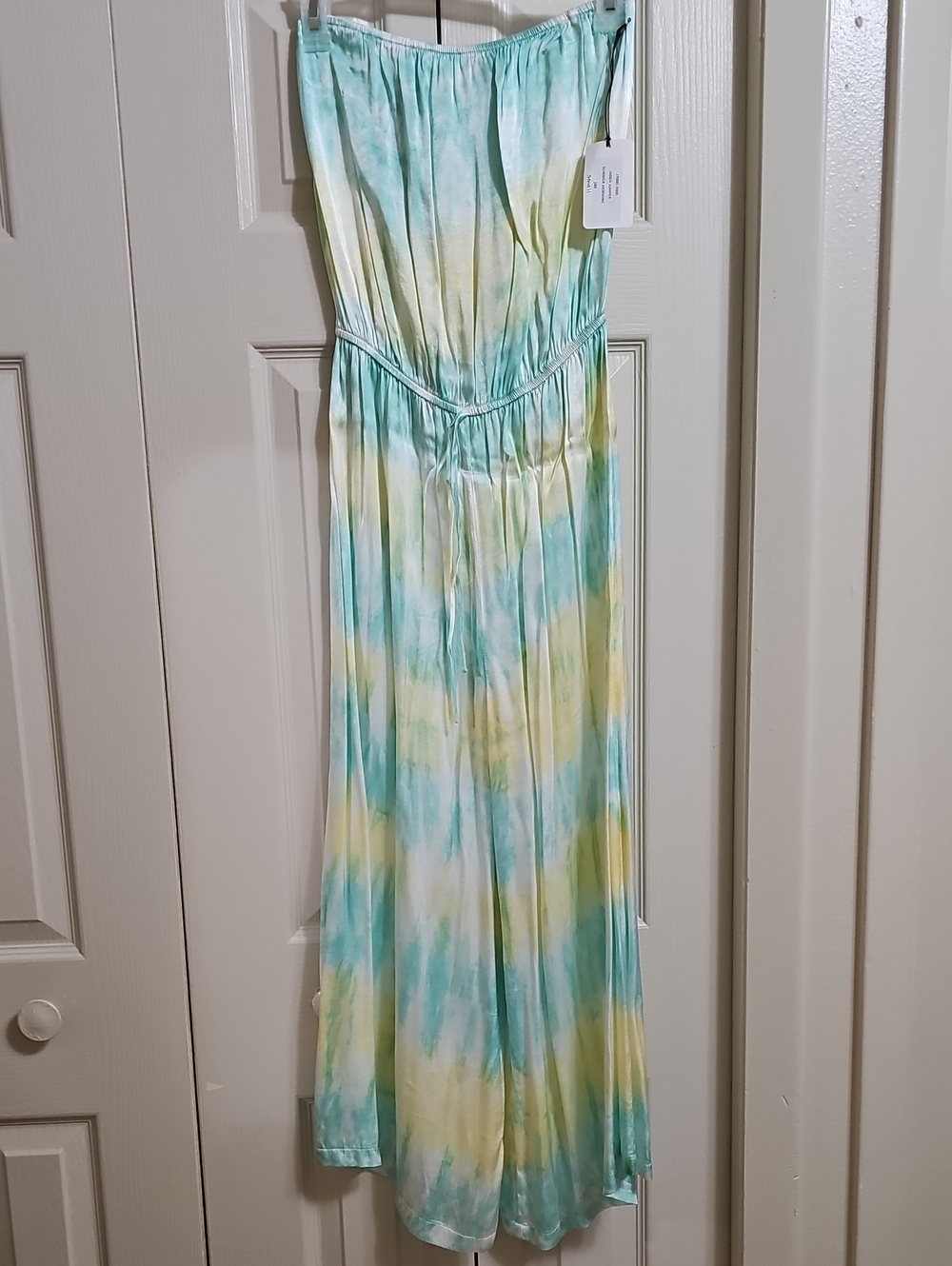 Aqua And Yellow Strapless Yellow Wide-Leg Jumpsuit